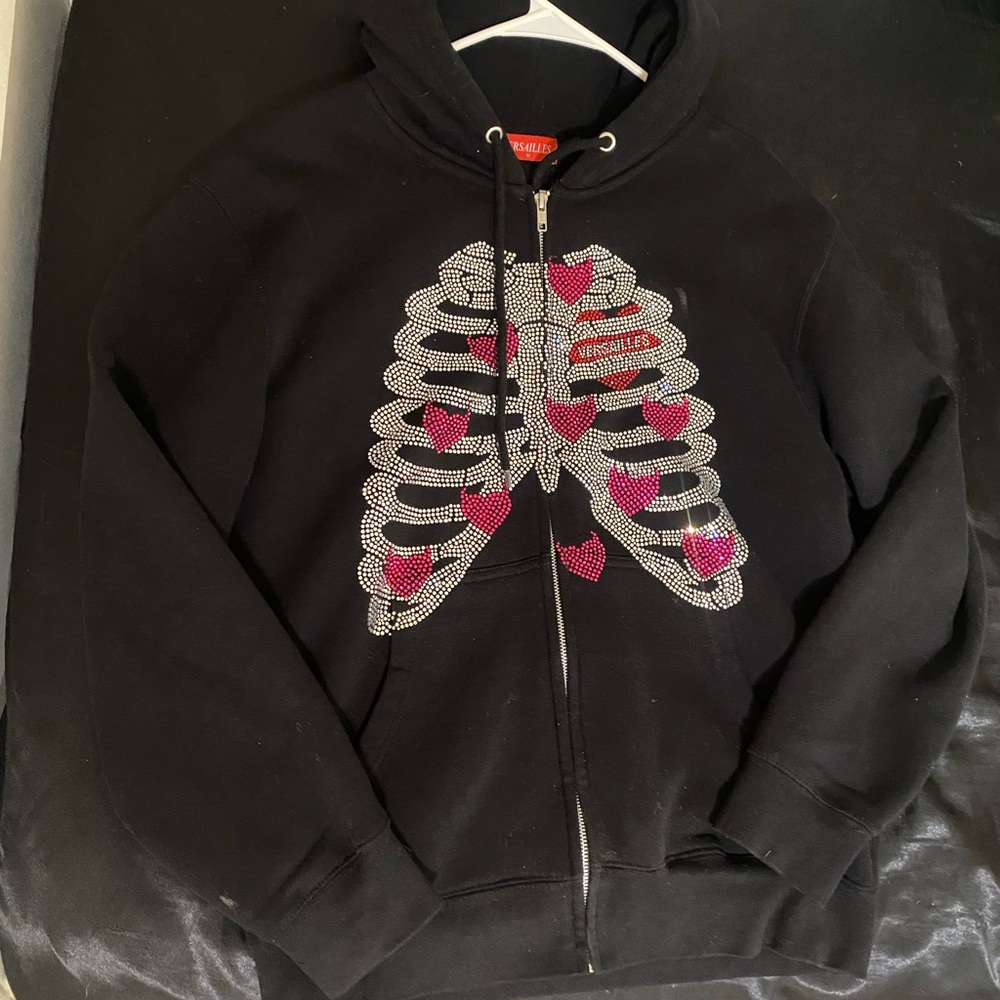Black Hoodie with Rhinestone Ribcage Design
